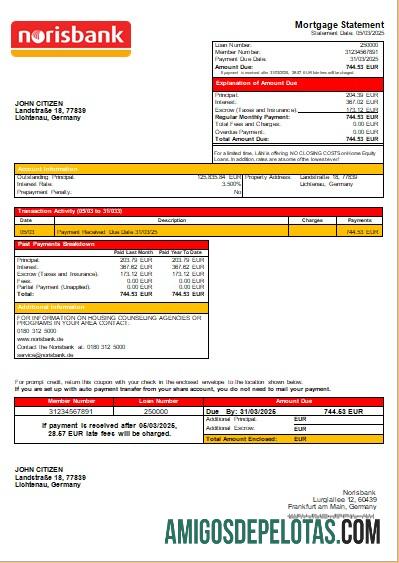Declaração de hipoteca do Banco Norisbank da Alemanha Scr exemplo real